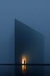 © Lustre Art Group  - Small buyer silhouette at illuminated entrance of massive modern property. Concept of real estate investment, premium housing, property scale, architectural project and residential development.