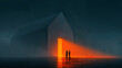 © Lustre Art Group  - Glowing doorway in futuristic property development with people talking. Concept of real estate opportunity, property presentation, luxury housing, buyer decision and architectural marketing.
