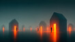 © Lustre Art Group  - Glowing modular glass architecture in blue night landscape with distant human silhouettes. Concept of real estate development, smart housing and property investment.