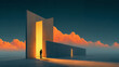 © Lustre Art Group  - Dark translucent architectural volume with glowing interior grid and two small figures. Concept of property visualization, real estate planning and development strategy.