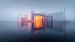 © Lustre Art Group  - Vast minimal building with orange illuminated portal and tiny people in moody fog. Concept of high-end real estate launch, property acquisition and residential investment.