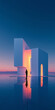 © Lustre Art Group  - Tall geometric residence with pink glowing interior and lone person on reflective floor. Concept of premium real estate presentation, housing investment and property branding.