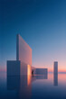 © Lustre Art Group  - Blue minimalist house with small glowing doorway and person walking at dusk. Concept of luxury real estate campaign, exclusive property offer and modern housing market.