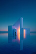© Lustre Art Group  - Futuristic white building with glowing entrance and lone person at blue twilight. Concept of real estate, architecture promo, property launch, urban planning, luxury housing and investment.