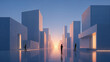 © Lustre Art Group  - Futuristic white city street with glowing windows and people at sunset. Concept of real estate district, smart city planning, property marketing, urban lifestyle and investment.