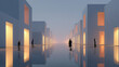 © Lustre Art Group  - Foggy futuristic residential district with glowing windows and walking people. Concept of real estate advertising, new neighborhood, housing investment, property brochure and urban living.