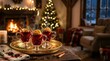 © Jaroed - Three mugs of steaming mulled wine served on a gold tray by a fire