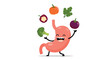 © Asif - Happy cartoon stomach juggling various healthy vegetables like broccoli, eggplant, pepper, and tomato to represent good digestion.