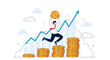 © Asif - Joyful businessman jumps over increasing stacks of gold coins while holding a large coin above his head against a backdrop of growth.