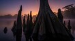 © Platon - Wide close-up of a large cypress tree base and sharp knees in a misty swamp during a colorful orange and purple dawn