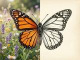 Monarch butterfly half photo half sketch nature illustration