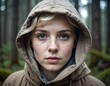 © Kopi - Close-up of a fair-skinned woman with blue eyes and blond hair, wearing a hooded jacket, posed in a forest setting