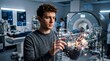 © SuzeO - scientific research environment, a focused individual analyzes a brain scan in a futuristic lab setting