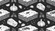 © Salwa - Hand drawn seamless pattern of baklava pieces and mint leaves, intricate dessert illustration with dotted texture, food background