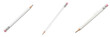 © Photo Shap - Set of three classic long sharpened white wooden graphite pencils featuring a grey writing tip and a small pink rubber eraser held by a silver metallic ferrule, isolated white background.
