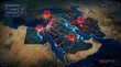 © Eli - Global crisis monitoring map showing interconnected network alerts across the Middle East with red and blue glowing lines and warning icons