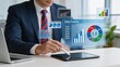 © Na - Data finance dashboard showing pie charts and bar graphs on tablet, businessman analyzing financial statistics and percentages, corporate accounting and investment reporting