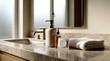 ©  Zanix - White condom wrapper on a luxury marble bathroom vanity counter next to a soap dispenser and a towel for sexual health, morning hygiene routine, and wellness advertising.