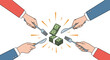 © Arianne - Four business hands holding forks and knives compete to get a share of a pile of dollar banknotes representing corporate greed.