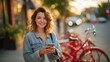 © Pichkan - Photorealistic smiling woman in casual attire holding smartphone outdoors on city street