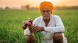 © ranga - Smiling Indian Farmer Holding Fresh Organic Onions in Green Field