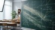 © Nazmul - Green chalkboard covered in complex geometry and calculus formulas sits in a bright classroom creative design image