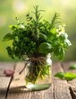 © Jeremy Ai - Fresh Herbs in a Jar on a Wooden Table.