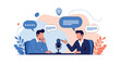 © Rubell - Two professional colleagues having a conversation or podcast interview with a microphone and speech bubbles in a stylized office.