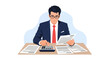 © rondap - Professional man in a dark blue suit and red tie wearing glasses, sitting at a desk using a calculator to review paperwork, financial documents, and tax forms on white background.