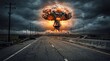 © Volodymyr Shcherbak - Asphalt road goes to a nuclear explosion. Terrible atomic explosion of a nuclear bomb with a mushroom cloud of radioactive dust. Hydrogen bomb test. Nuclear catastrophe. Way to nuclear war