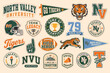 © Baihaki - A collection of vintage college sports badges and emblems featuring tigers, football helmets, pennants, and university-themed logos in a retro style.