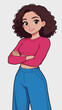 © hakule - Cartoon young woman with curly hair posing with crossed arms
