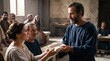 © Svitlana Vorotniak - Apostle Paul handing a piece of fabric to a woman. Biblical scene based on the Acts of the Apostles. Healing ministry and divine miracle in early Christianity. Historical religious event.