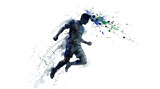 A dynamic watercolor illustration of a soccer player heading a ball with blue and green paint splatters.