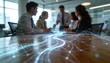 © Oleksandr - Dynamic digital information flow with abstract data streams across a conference table with blurred office workers in the background, symbolizing modern business connectivity, networking, and technolog