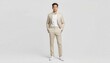 © Fatima - Full length portrait of smiling man wearing casual light linen suit with smart casual summer fashion background clothing standing lifestyle gentleman confident handsome minimalist