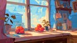 © Tarni - Sunlight illuminates a kitchen windowsill featuring fruit, potted plants, and various small items.
