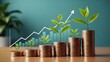 © graphicview35 - Financial growth concept with stacks of coins and green plants growing on top against a rising arrow chart background