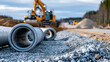 © Denis Yevtekhov - Large-scale road construction site with fresh gravel base, concrete pipes, sand piles, and earthmoving machinery preparing drainage beneath a future highway, road drainage, culvert