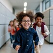 © Andrii Zastrozhnov - Cheerful student running down school corridor with classmates for education poster banner background and youth activity design