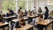 © susilo - Students focused on their exams in a bright, modern classroom setting.