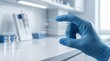 © Helen - Scientist holding transparent pathogen detection microchip in modern laboratory setting with bright clinical lighting environment