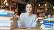 © Bonsales - Young woman learning and collaborating in library, happily gesturing while sharing ideas and concepts among books