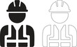 © sticker01 - Construction worker icon set with hard hat and safety vest in solid black silhouette and outline linear vector.