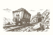 © Chairul - Mining cart and tunnel vector illustration in vintage engraved line art style featuring industrial railway scenery and rocky terrain