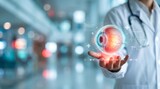 Medical professional holding a vibrant 3D holographic human eye, showcasing advanced ophthalmology diagnostics and innovative digital healthcare technology for patient care.