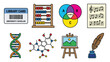 © pika - Educational icons representing various fields of study, including library, math, science, music, art, and writing.