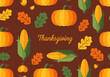© Rnb - Thanksgiving Autumn Harvest Flat Design Background with Pumpkins, Corn, and Oak Leaves