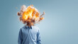 © Helga - Man with exploding head concept on light blue background, mental overload, burnout, stress, anxiety, creative pressure, information overload, emotional overwhelm and workplace frus