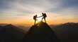 © Artfinity - Hikers helping each other reach the mountain summit. Teamwork, perseverance, and goal achievement. Two climbers shaking hands at the peak during sunset